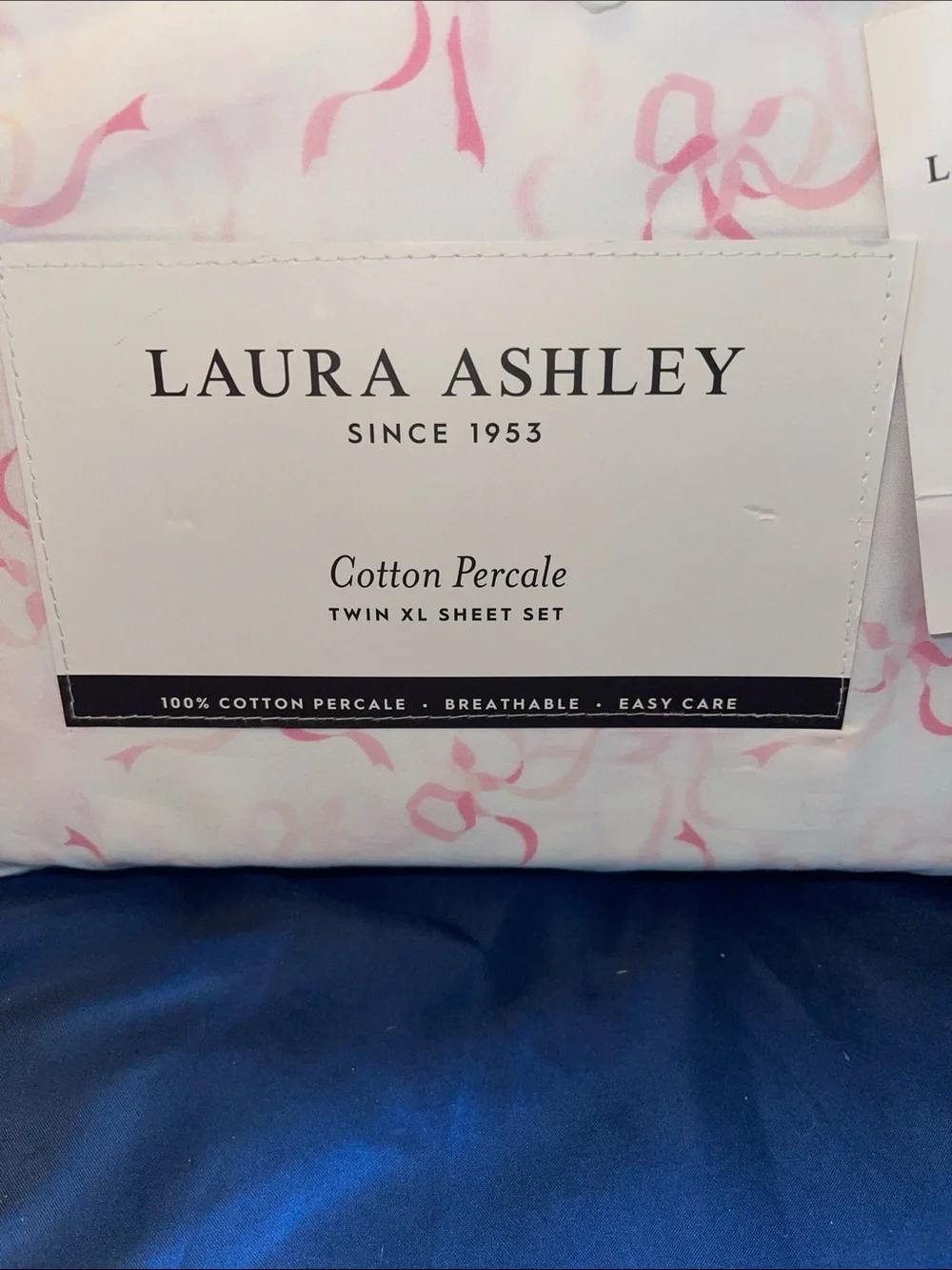 Laura Ashley Cotton Percale Twin XL Sheet Set in White with Pink Ribbon Motif